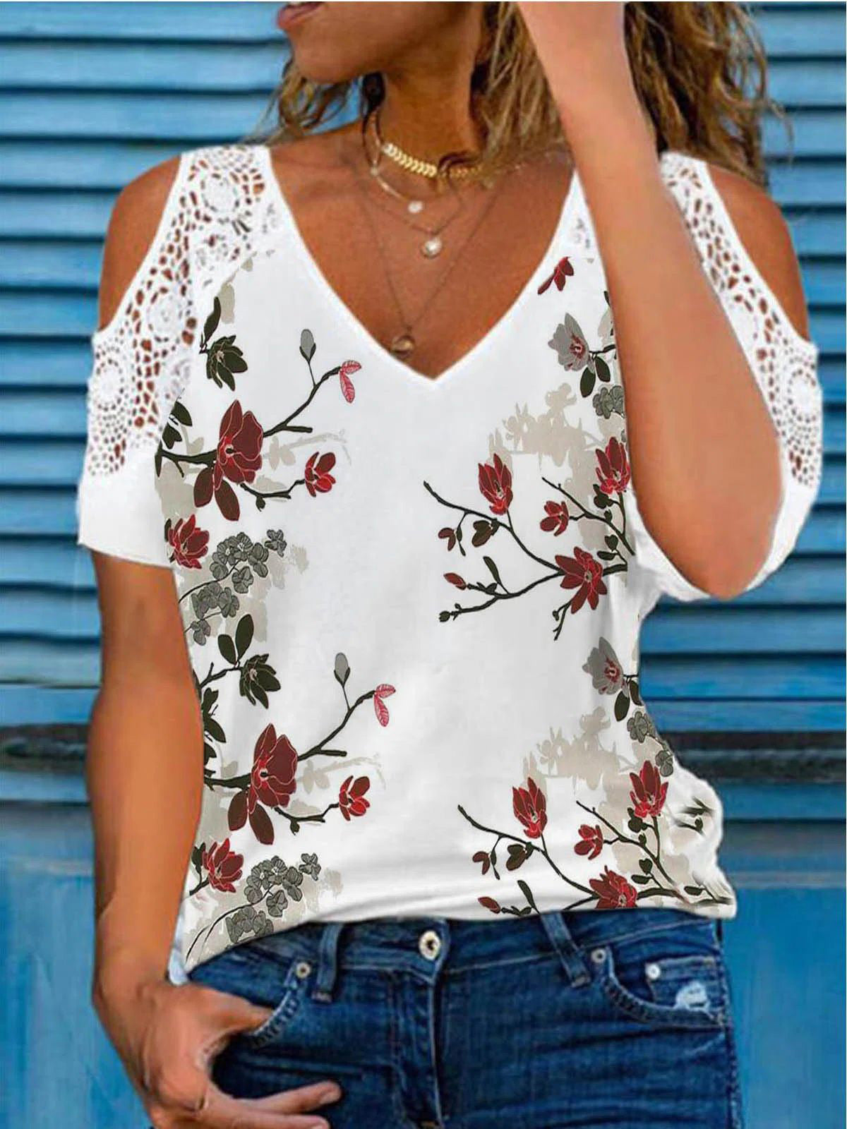 Women's T-Shirts Floral Lace V-Neck Off Shoulder Short Sleeve T-Shirt