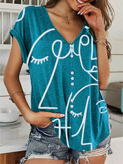 Casual Short Sleeve V Neck Abstract Shirts & Tops