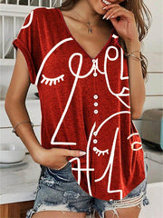 Casual Short Sleeve V Neck Abstract Shirts & Tops