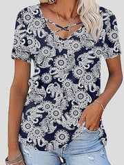 Women's T-Shirts Chest Cross Print V-Neck Short Sleeve T-Shirt