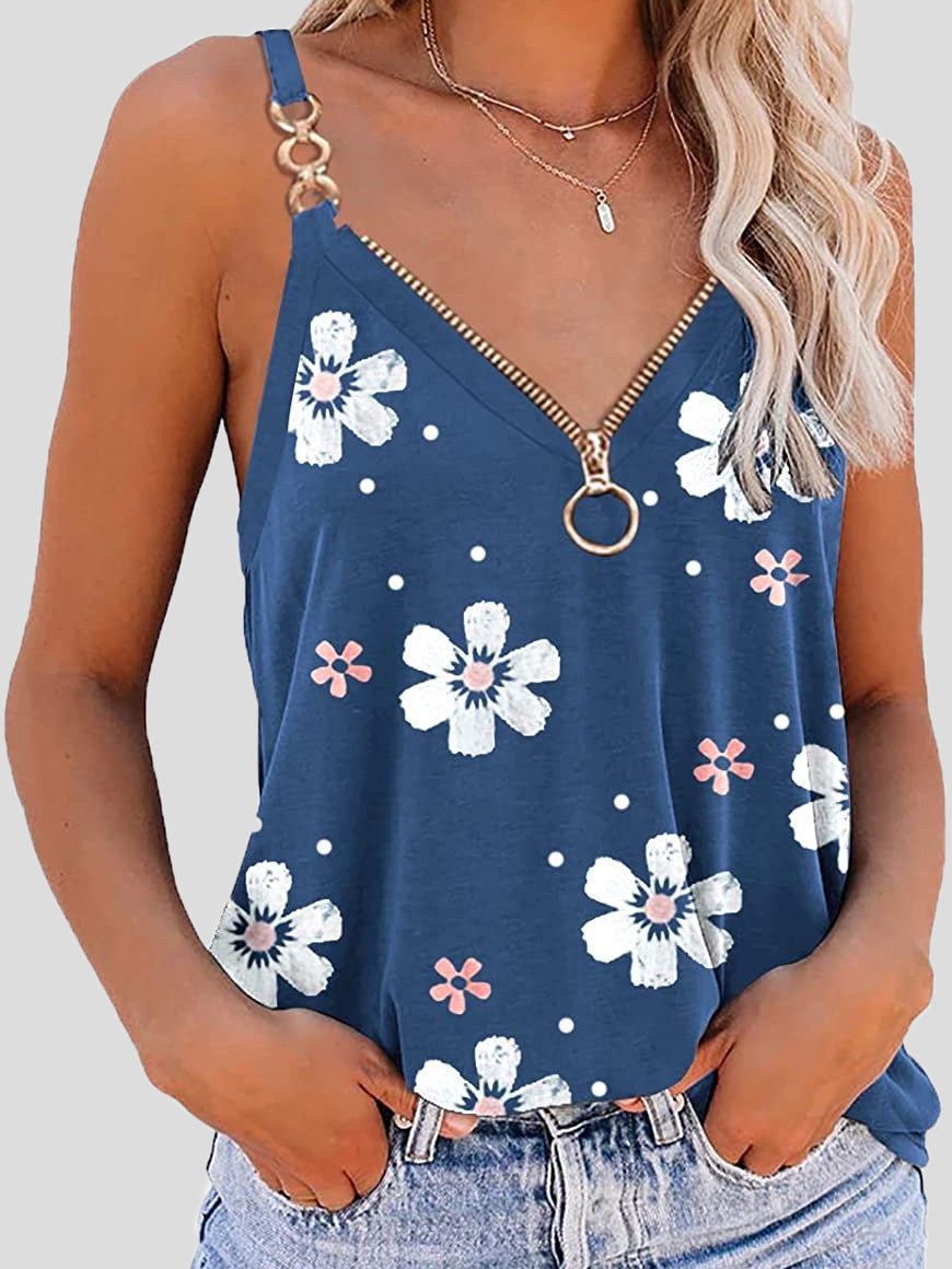 Women's Tank Tops Printed V-Neck Zip Suspender Tank Top