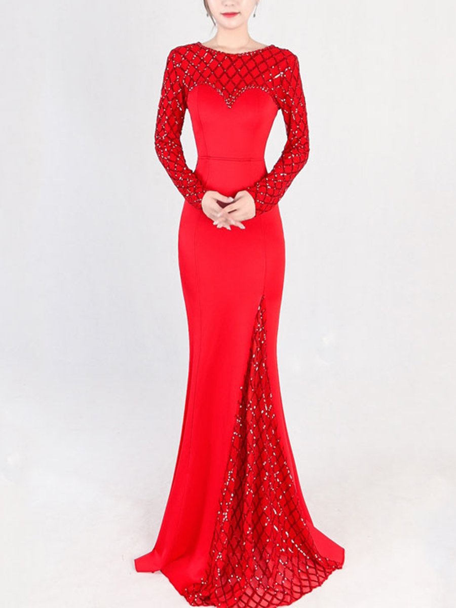 Sequined Contrast Plaids O-Neck Long Sleeves Sheath Backless Evening Dresses
