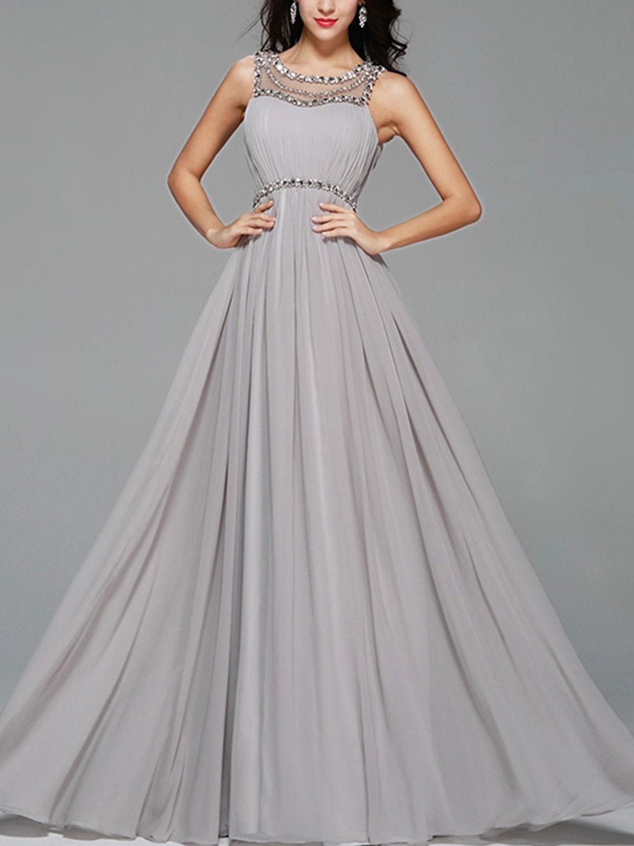 Sequined Solid Color O-Neck Sleeveless Backless Evening Dresses
