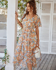 Sexy flower printed short sleeve v neck women big hem maxi dresses