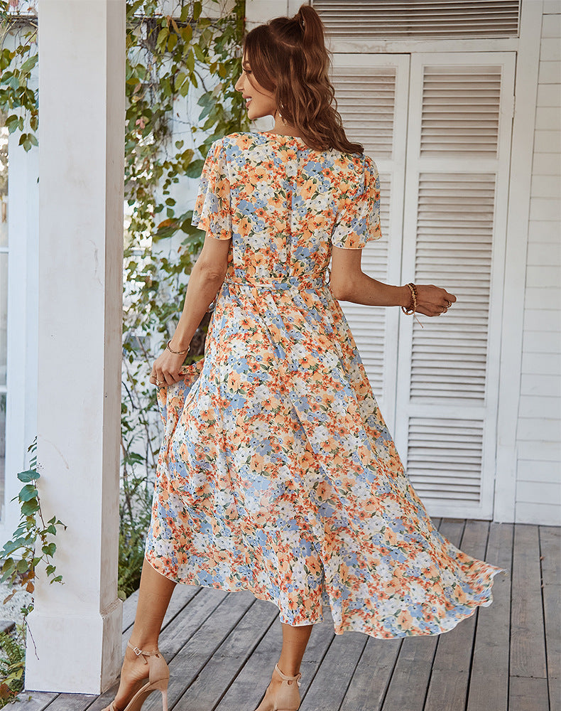 Sexy flower printed short sleeve v neck women big hem maxi dresses