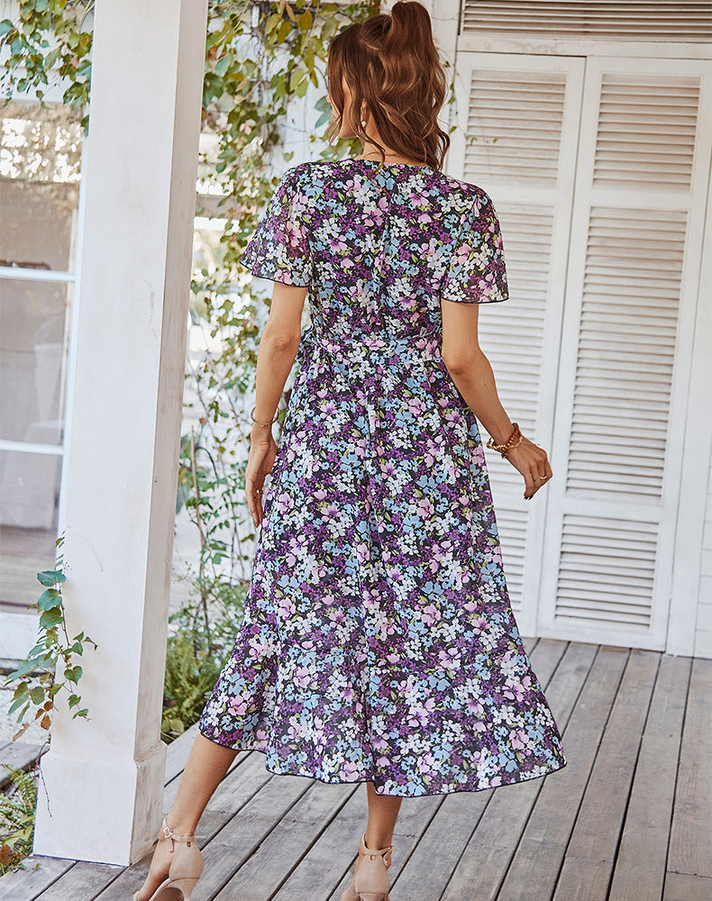 Sexy flower printed short sleeve v neck women big hem maxi dresses