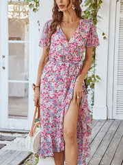 Sexy flower printed short sleeve v neck women big hem maxi dresses