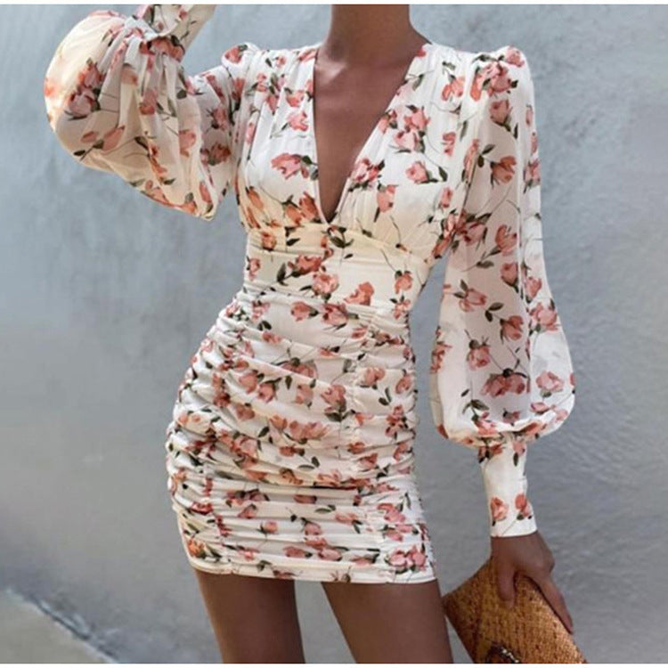 Sexy v neck floral women latern sleeve fashion long sleeve bodycon dresses