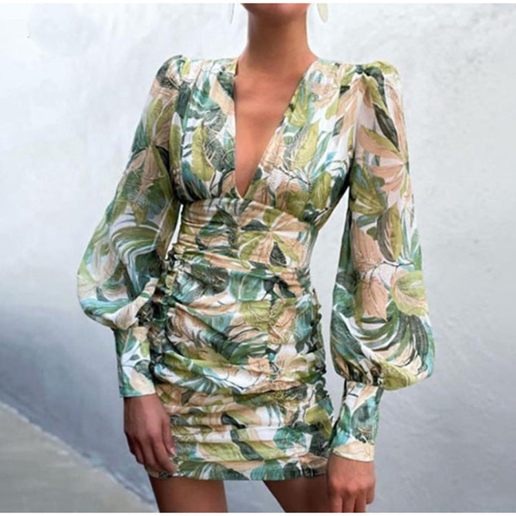 Sexy v neck floral women latern sleeve fashion long sleeve bodycon dresses