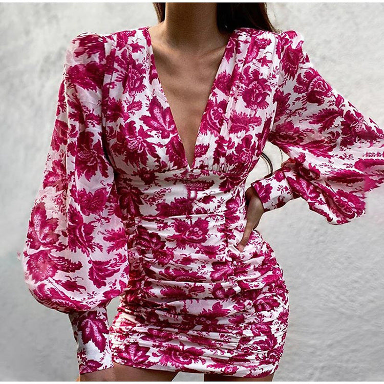 Sexy v neck floral women latern sleeve fashion long sleeve bodycon dresses