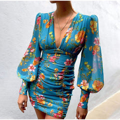 Sexy v neck floral women latern sleeve fashion long sleeve bodycon dresses