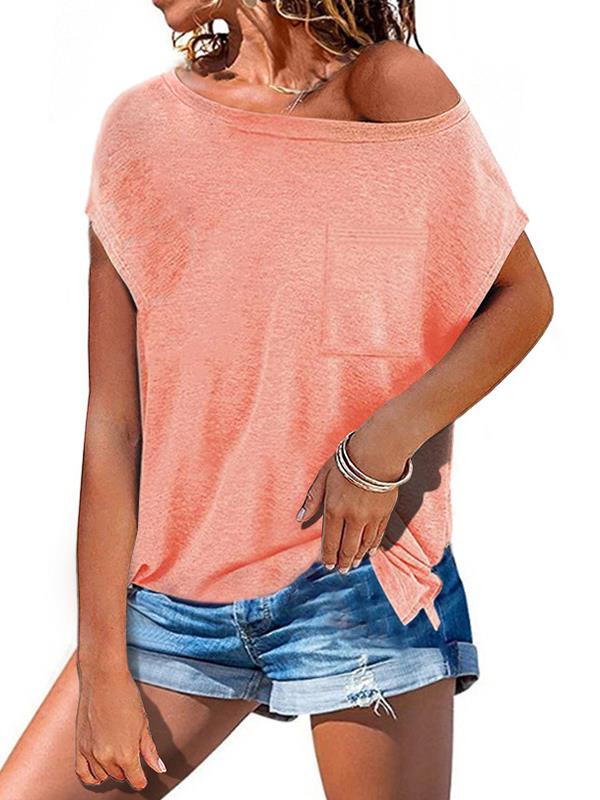 Short sleeve open shoulder round neck plain color pocket T-shirts