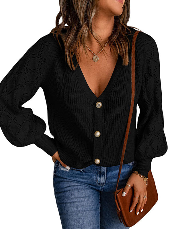 Solid Button Cardigan Single Row Button V neck Sweaters