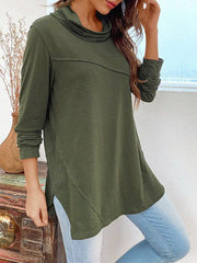 Solid Pile Neck Irregular Hem Slit T-shirts