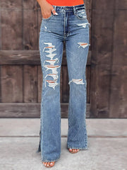 Street Solid Ripped Mid Waist Straight Denim Jeans