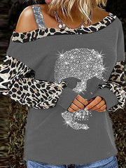 Street Skull Head Leopard Hot Drill Oblique Collar Tops