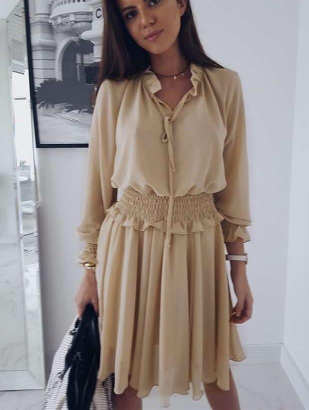 Fashion Lapel Pure Long sleeve Skater Dresses