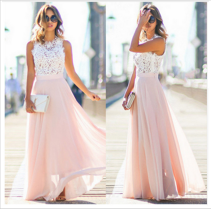 New Lace Chiffon Gored Maxi Dresses