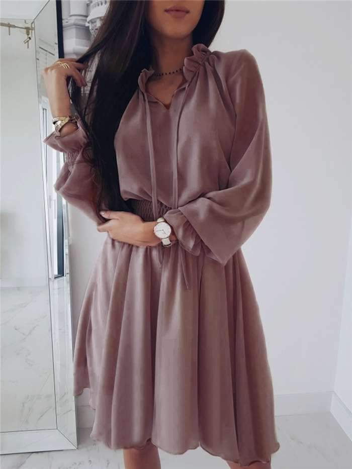 Fashion Lapel Pure Long sleeve Skater Dresses