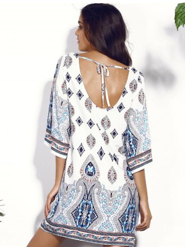 Bohemia Printed Backless Round-neck Mini Dress