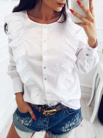 Pure Round neck Long sleeve Falbala Blouses