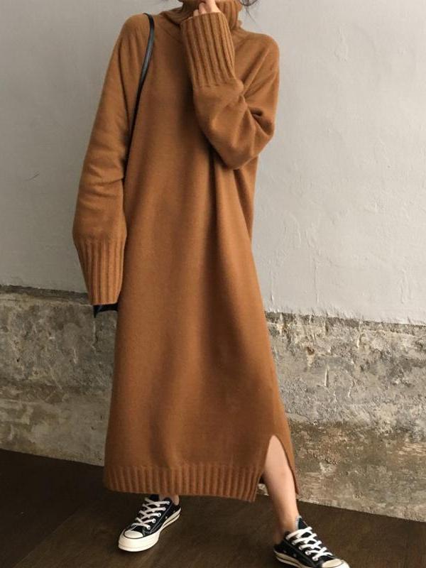 Casual High Collar Long Knitted Maxi Dress