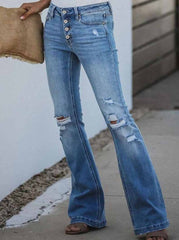 Mid Rise Button Front Flare Denim Jeans