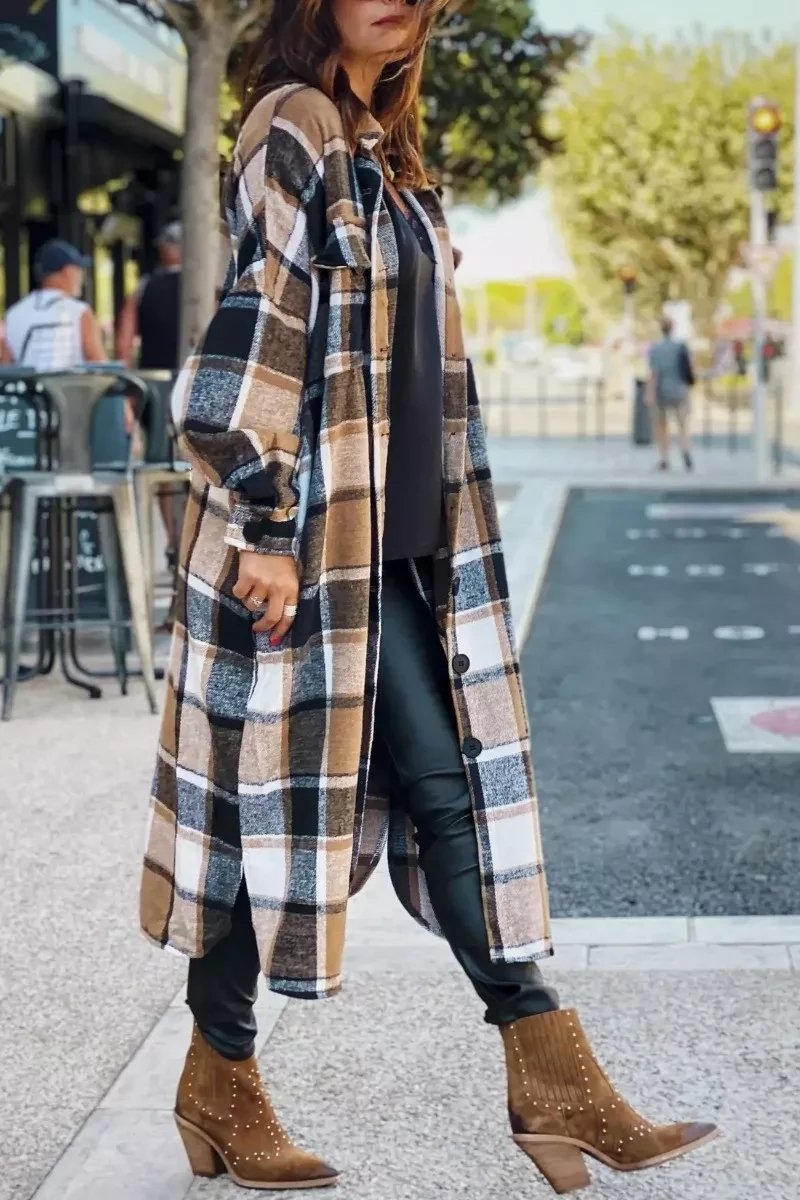 Women fashion Lapel Wool Plaid Coats Turn down neck blouse coats