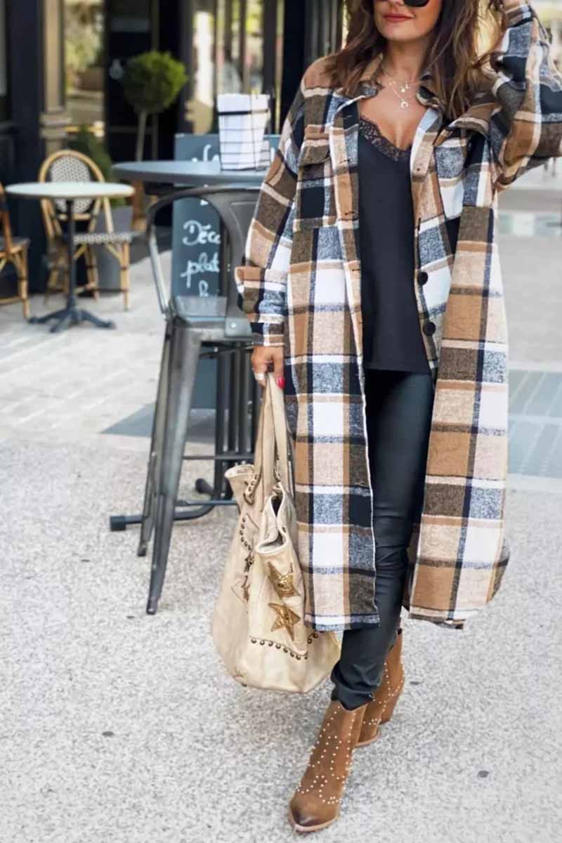 Women fashion Lapel Wool Plaid Coats Turn down neck blouse coats