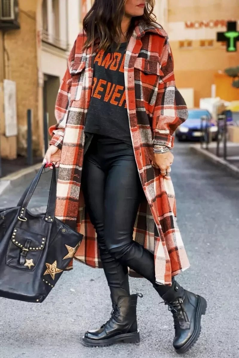 Women fashion Lapel Wool Plaid Coats Turn down neck blouse coats