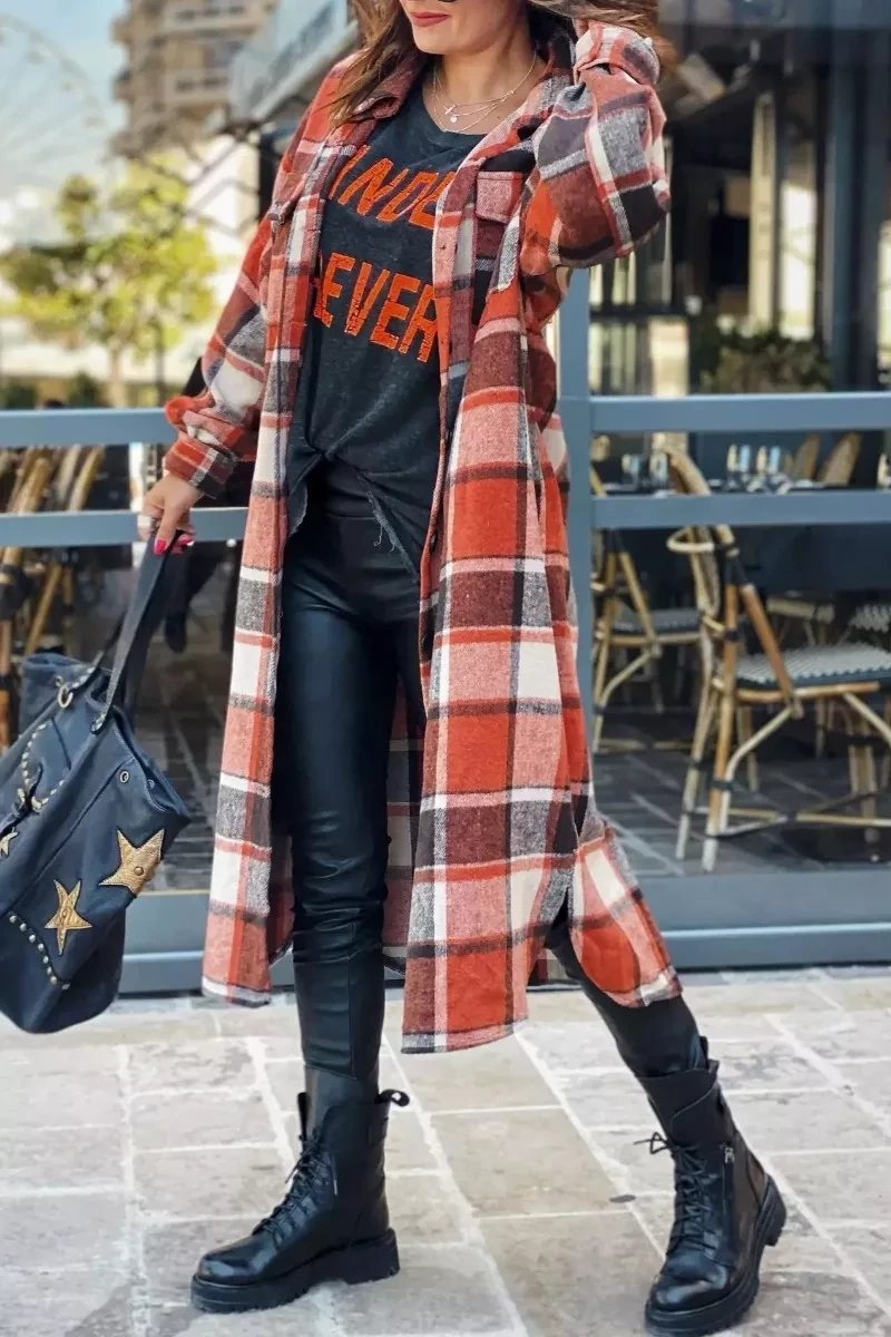 Women fashion Lapel Wool Plaid Coats Turn down neck blouse coats