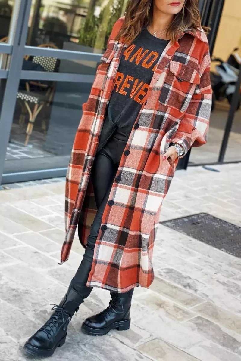 Women fashion Lapel Wool Plaid Coats Turn down neck blouse coats