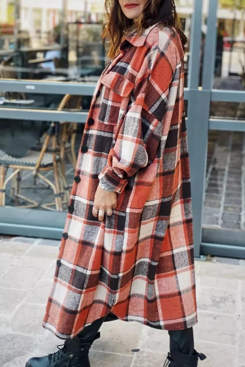 Women fashion Lapel Wool Plaid Coats Turn down neck blouse coats