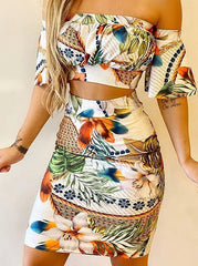 Print Off Shoulder Bodycon Skirt Set skater dresses