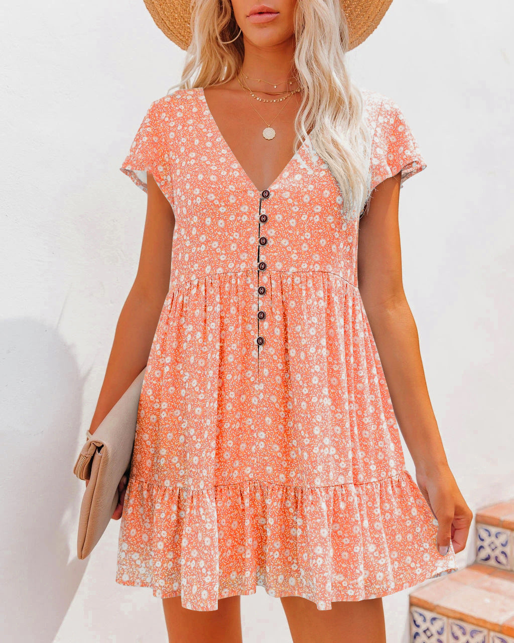 V-Neck Button Floral Short Sleeve Loose Casual Skater Dresses