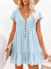 V-Neck Button Floral Short Sleeve Loose Casual Skater Dresses