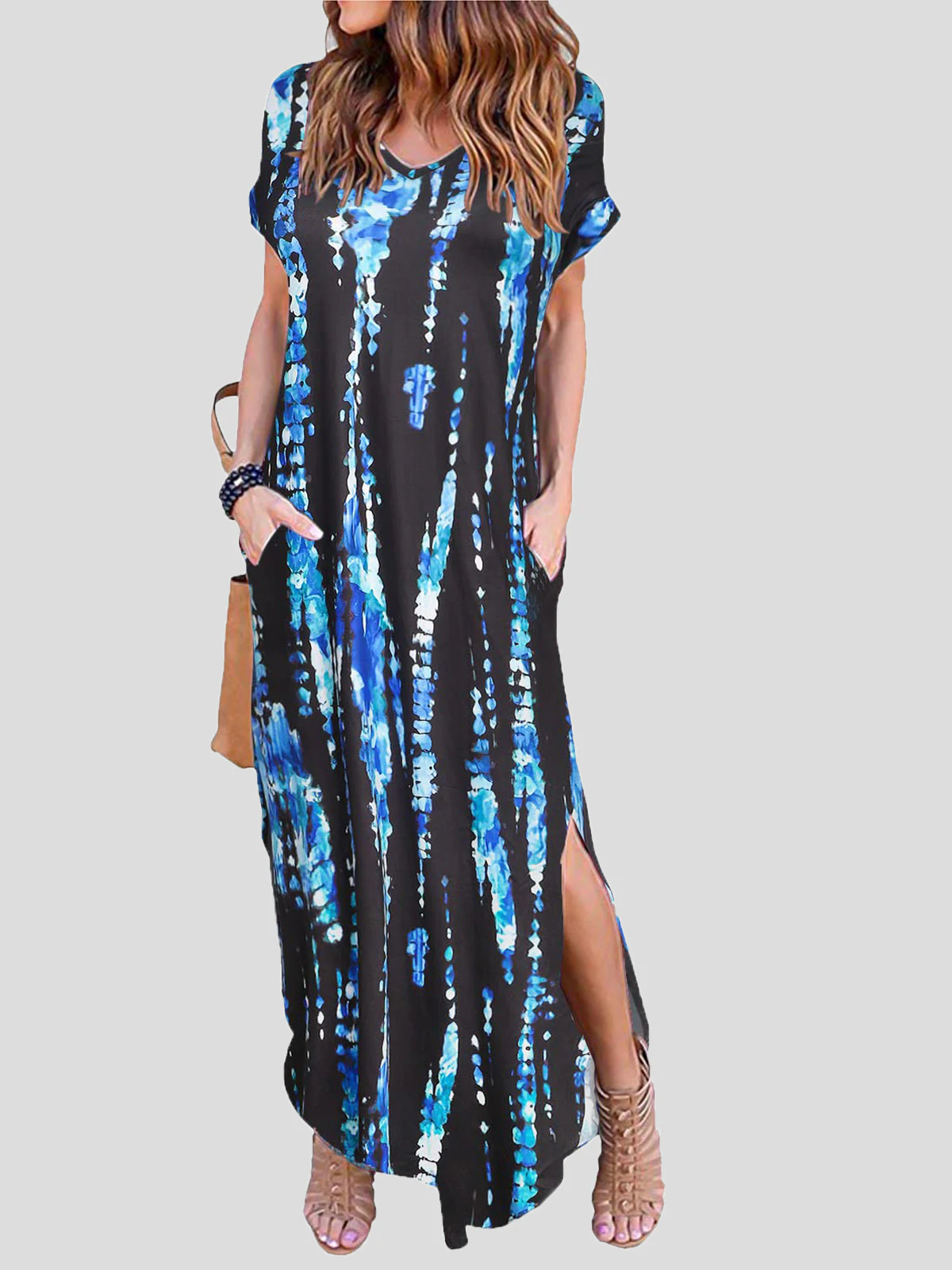 V-Neck Short Sleeve Pocket Slit Irregular Maxi Dresses