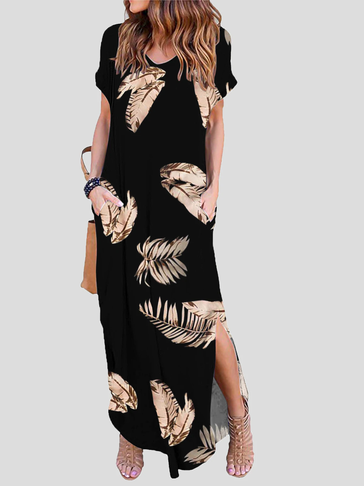 V-Neck Short Sleeve Pocket Slit Irregular Maxi Dresses