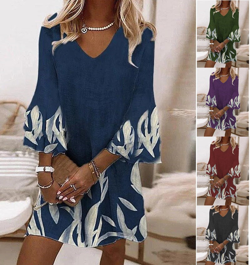 V-Neck Summer Loose Flared Sleeve Shift Dresses