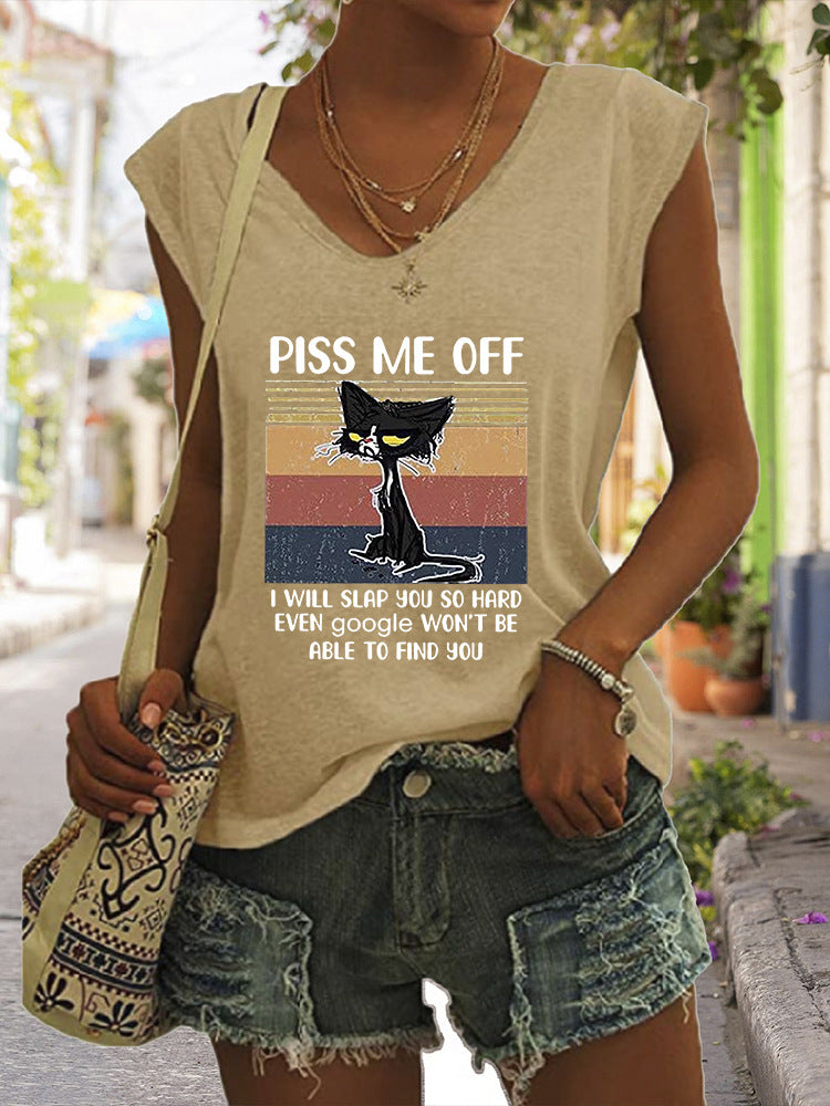 V-neck Casual Loose Lettering Cat Print Short Sleeve T-shirt