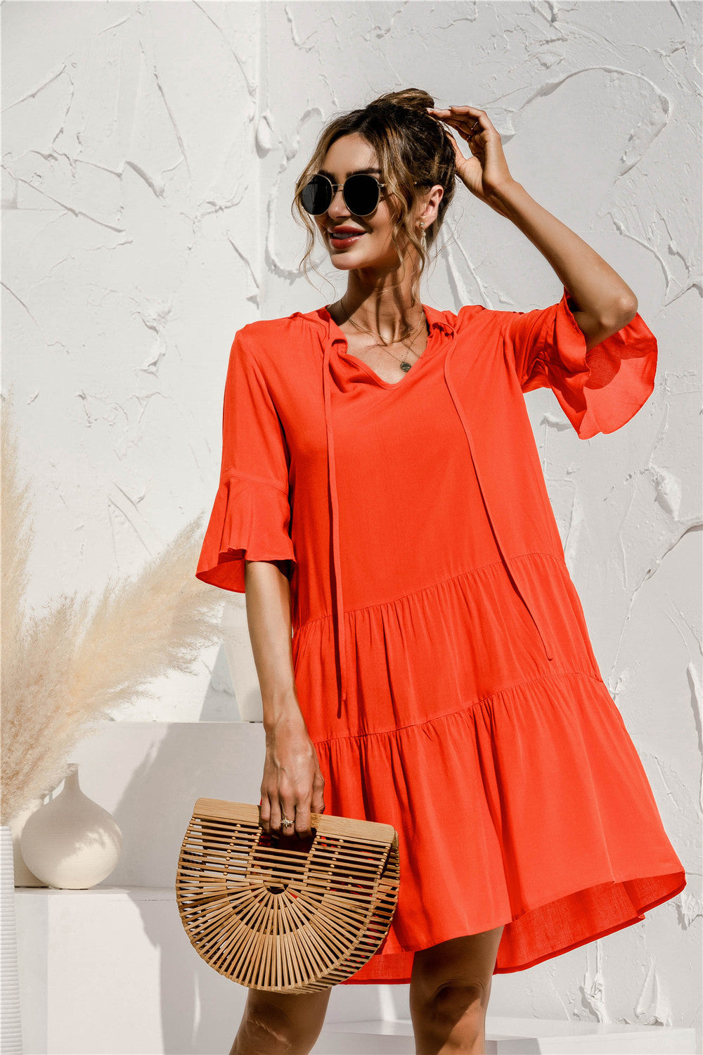 V-neck flared sleeve fashion skater dresses