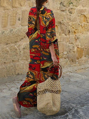 V-neck long-sleeved ethnic print loose maxi dresses