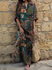 V-neck long-sleeved ethnic print loose maxi dresses