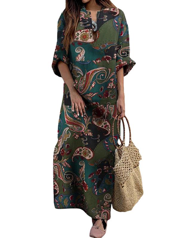 V-neck long-sleeved ethnic print loose maxi dresses