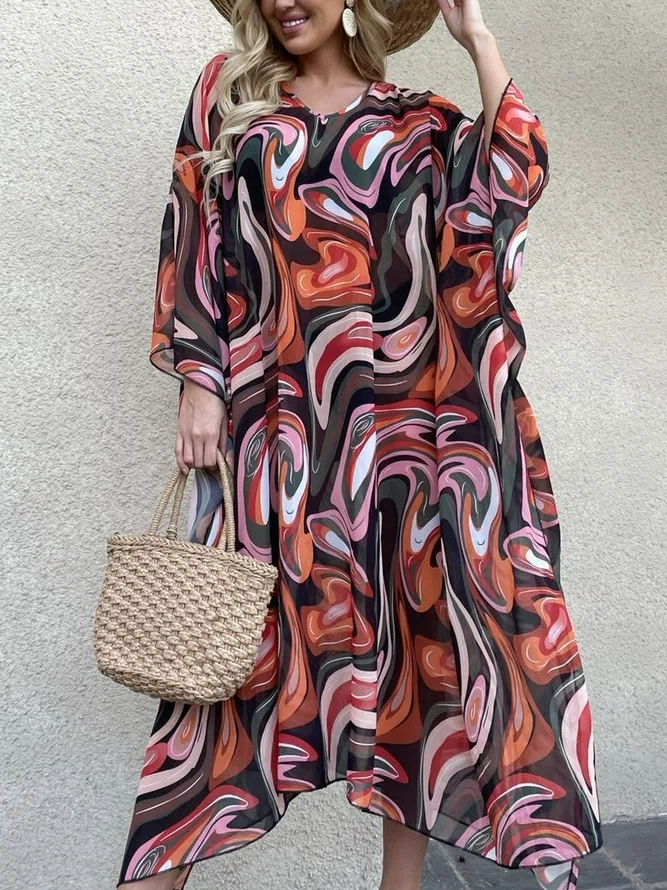 Vacation beach loosen Abstract Short Sleeve Woven Dress