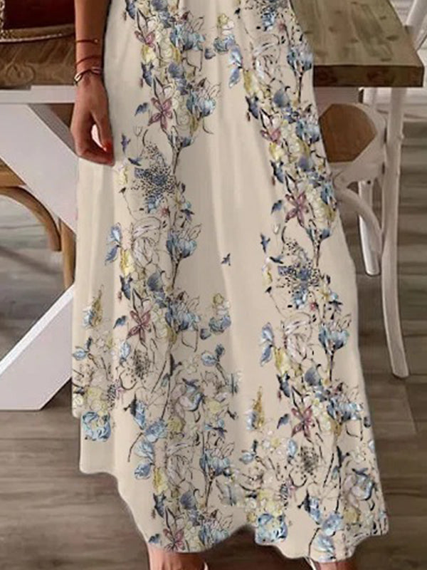 V neck Off Shoulder Butterfly Floral Vacation Maxi Dresses