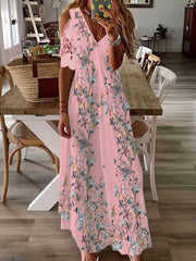 V neck Off Shoulder Butterfly Floral Vacation Maxi Dresses