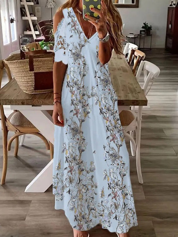 V neck Off Shoulder Butterfly Floral Vacation Maxi Dresses