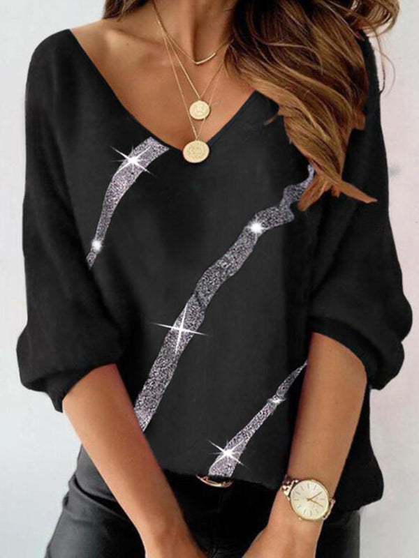 V neck stripe printed long sleeve tops sweatshirts