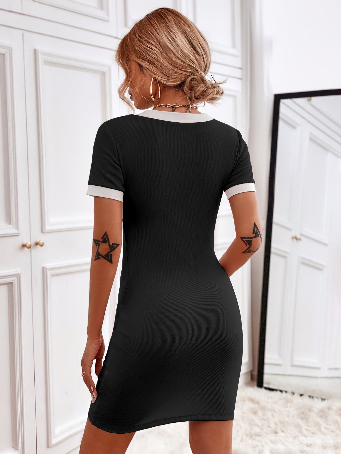 V neck women plain elegant short sleeve bodycon dresses